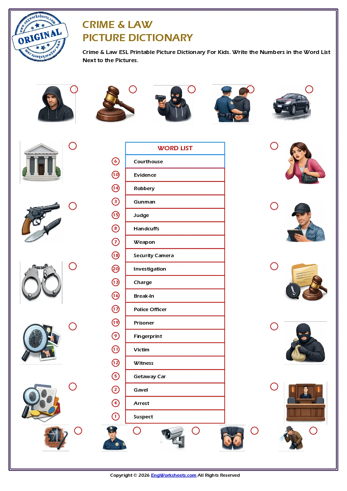 Crime & Law ESL Printable Picture Dictionary For Kids. Write the Numbers in the Word List Next to the Pictures. Worksheet Preview