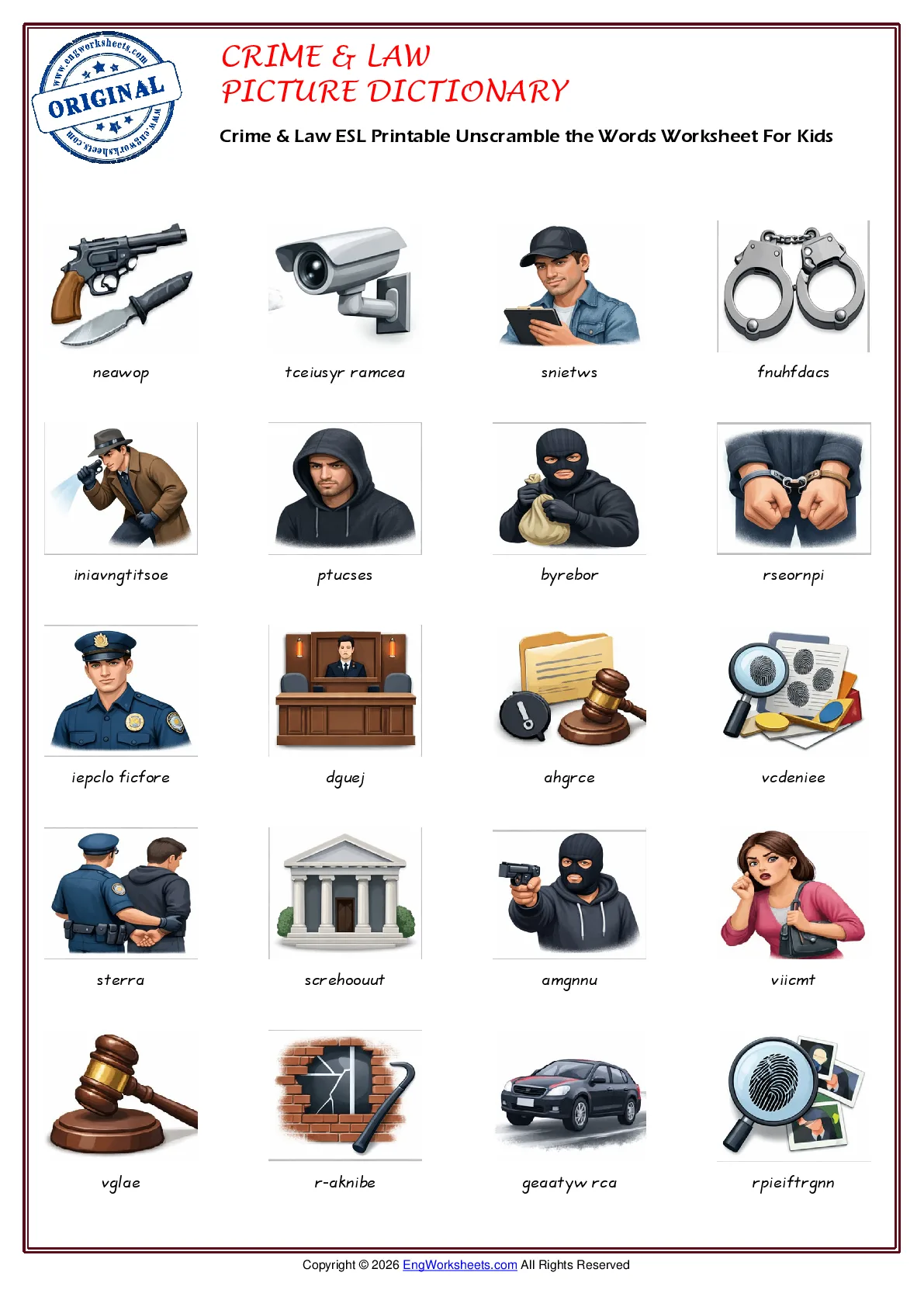 Crime & Law ESL Printable Unscramble the Words Worksheet For Kids Worksheet Preview