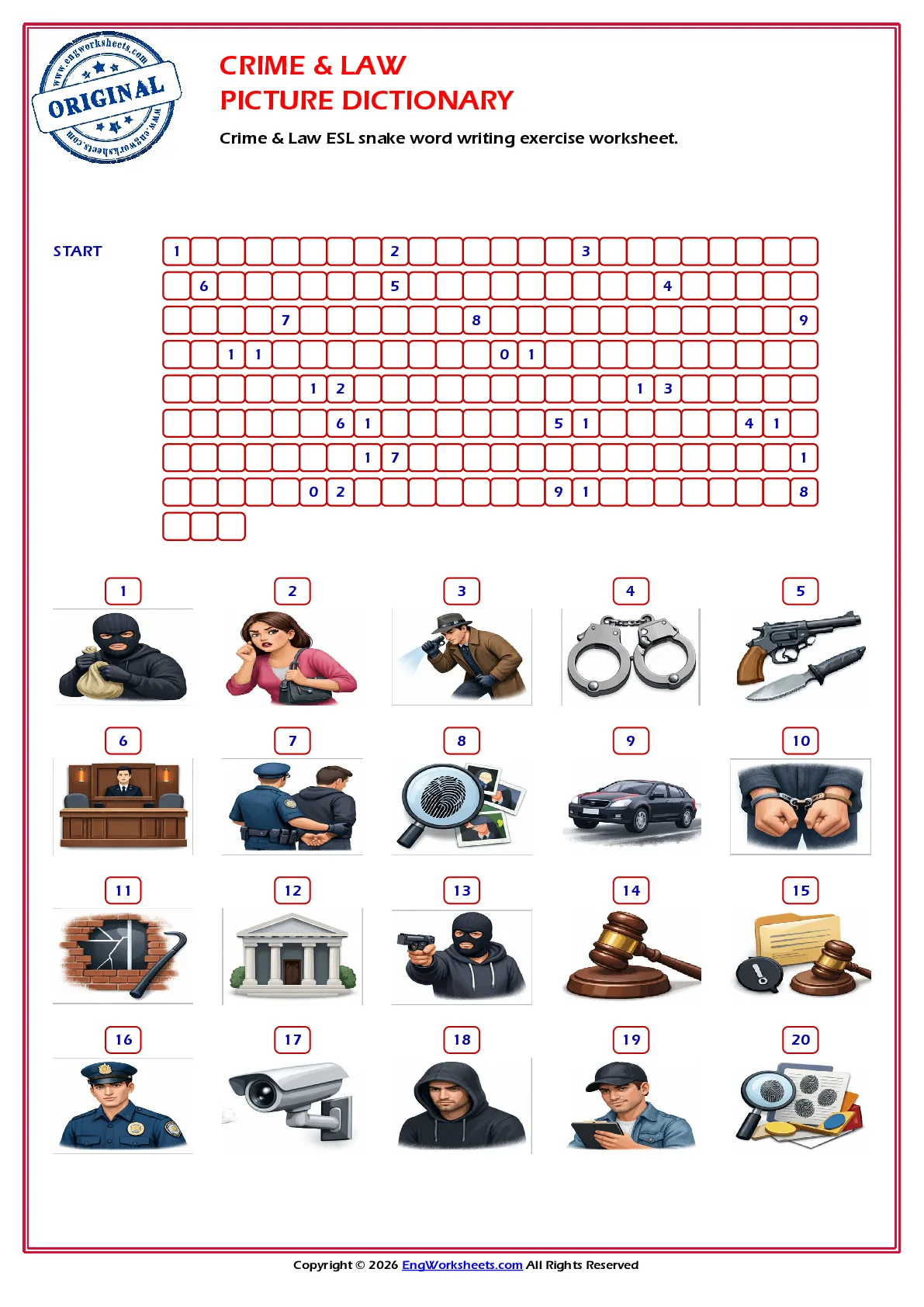 Crime & Law ESL snake word writing exercise worksheet. Worksheet Preview