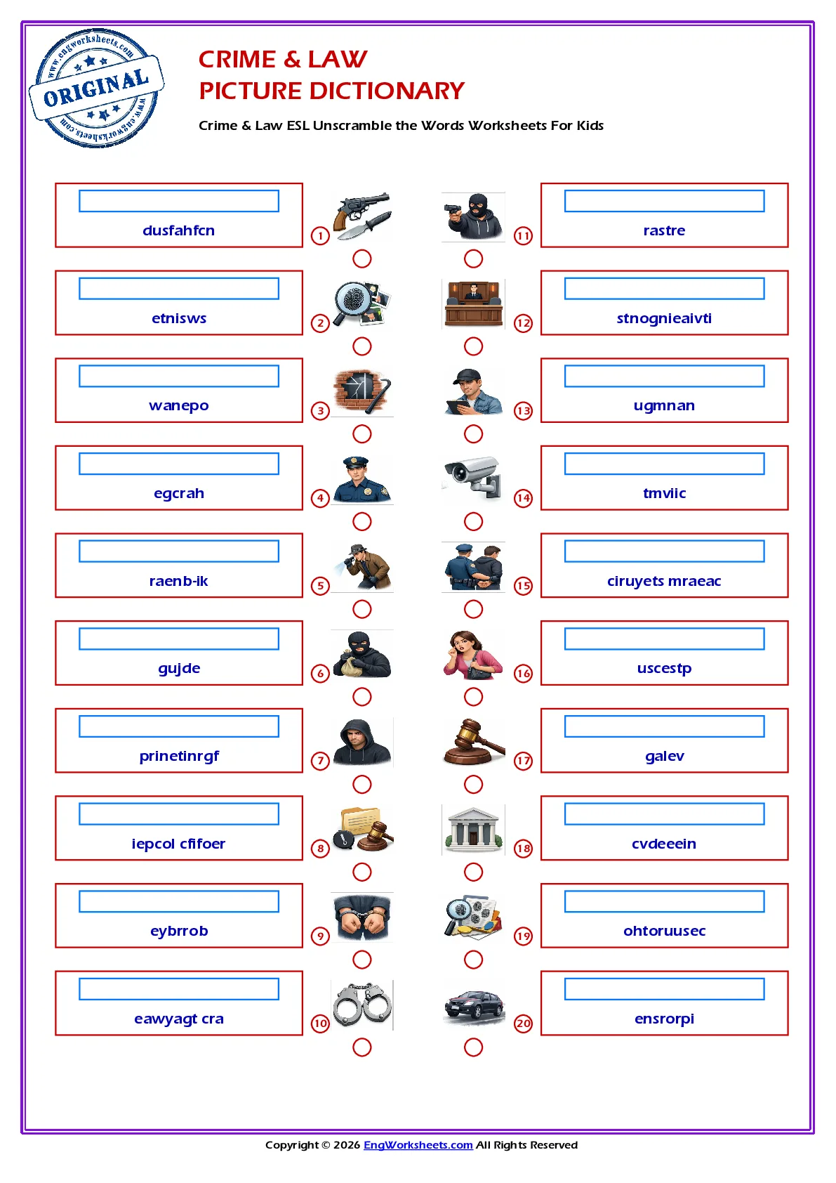 Crime & Law ESL Unscramble the Words Worksheets For Kids Worksheet Preview