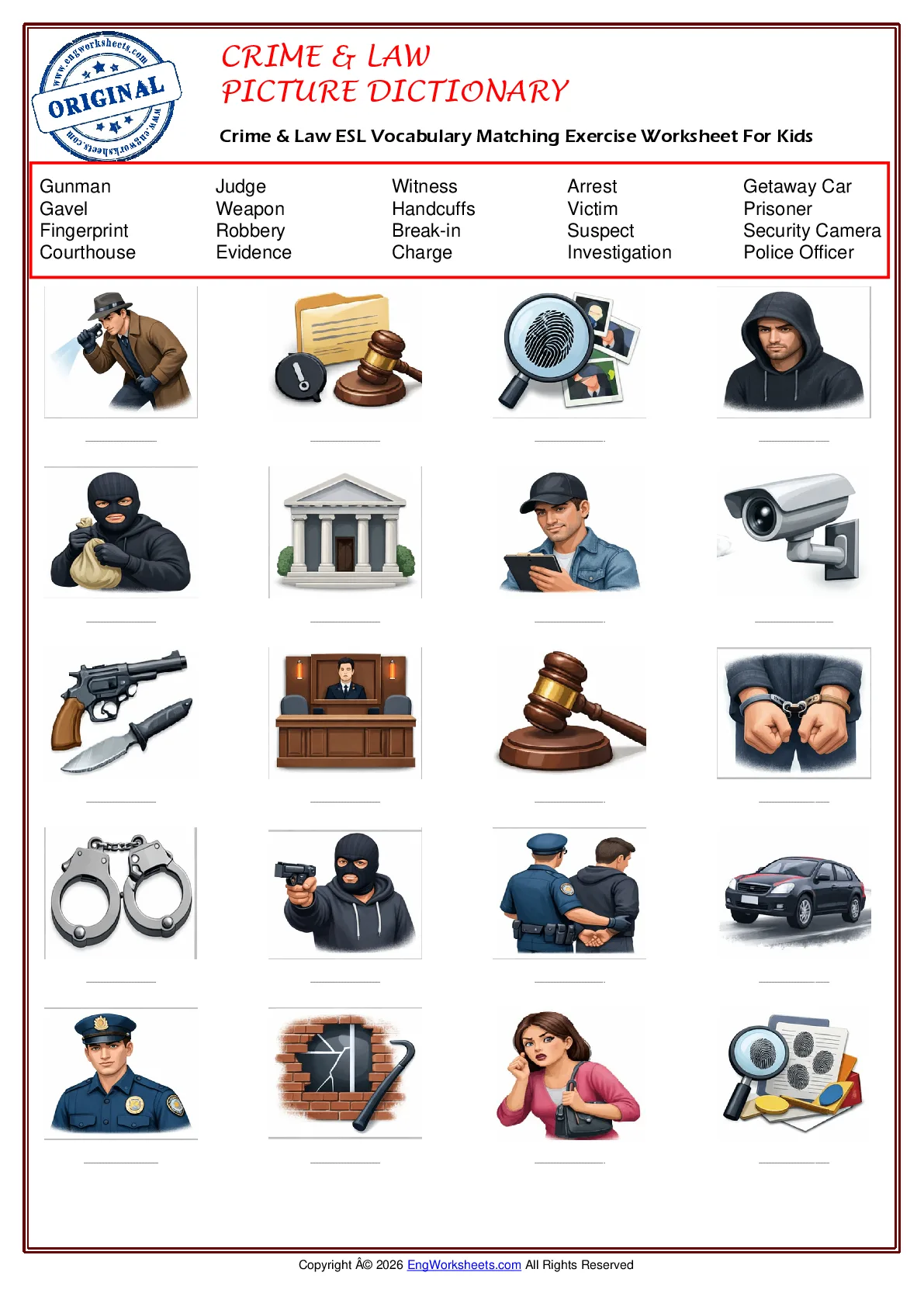 Crime & Law ESL Vocabulary Matching Exercise Worksheet For Kids Worksheet Preview