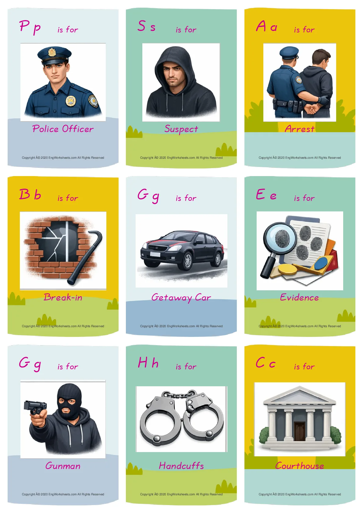 Crime & Law vocabulary worksheet with words, nine images per page Worksheet Preview