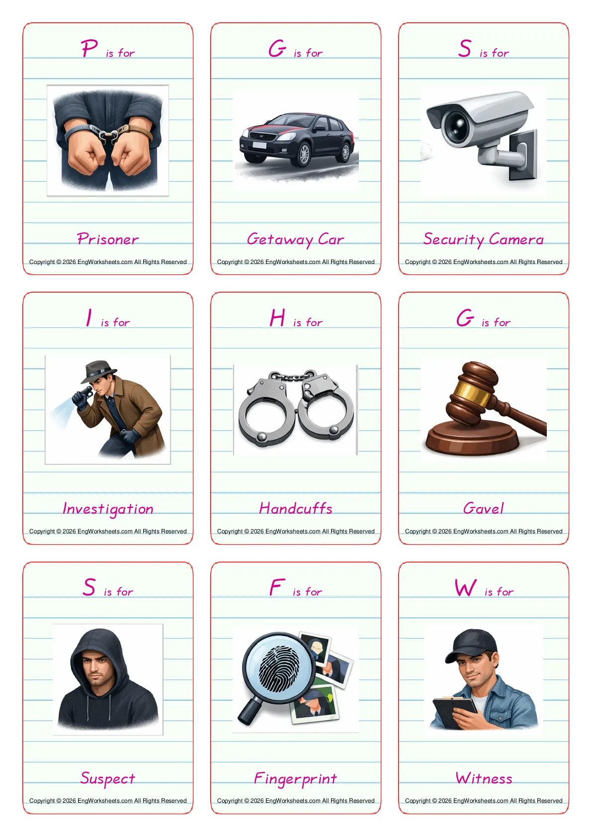 Crime & Law vocabulary worksheet with words, nine images per page Worksheet Preview