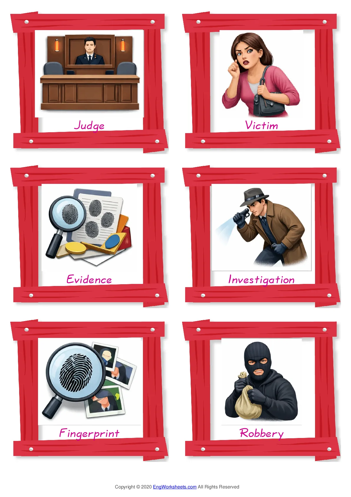 Crime & Law vocabulary worksheet with words, six images per page Worksheet Preview