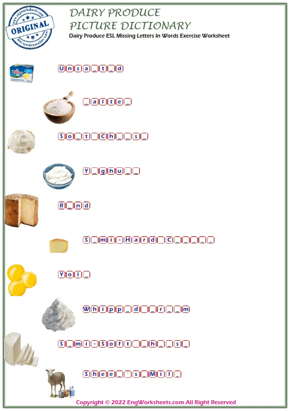 Dairy Produce ESL Missing Letters In Words Exercise Worksheet Worksheet Preview
