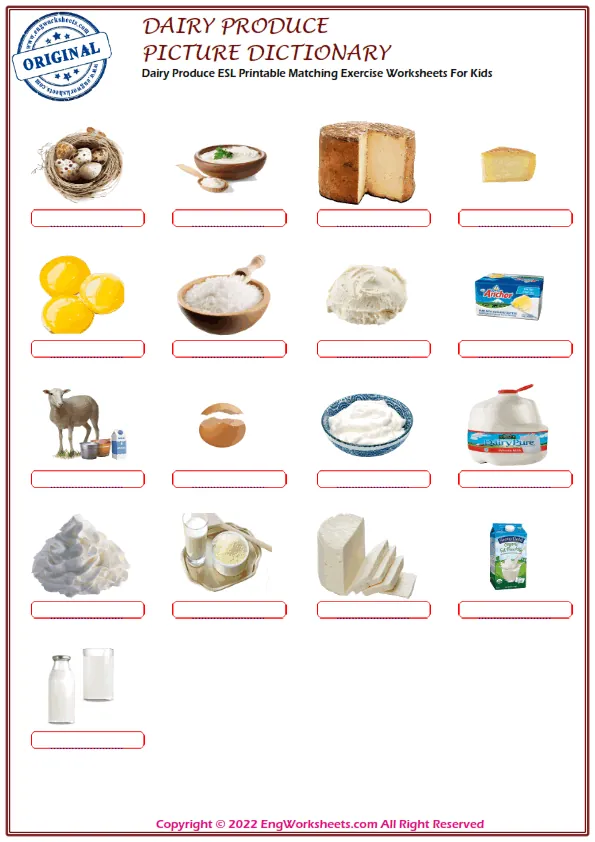 Dairy Produce ESL Printable Matching Exercise Worksheets For Kids Worksheet Preview