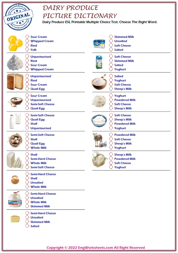 Dairy Produce ESL Printable Multiple Choice Test. Choose The Right Word. Worksheet Preview