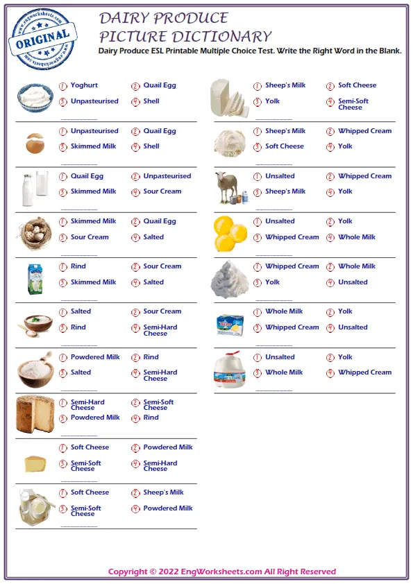 Dairy Produce ESL Printable Multiple Choice Test. Write the Right Word in the Blank. Worksheet Preview