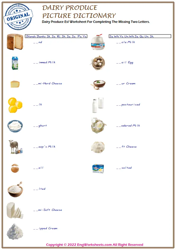 Dairy Produce Esl Worksheet For Completing The Missing Two Letters. Worksheet Preview