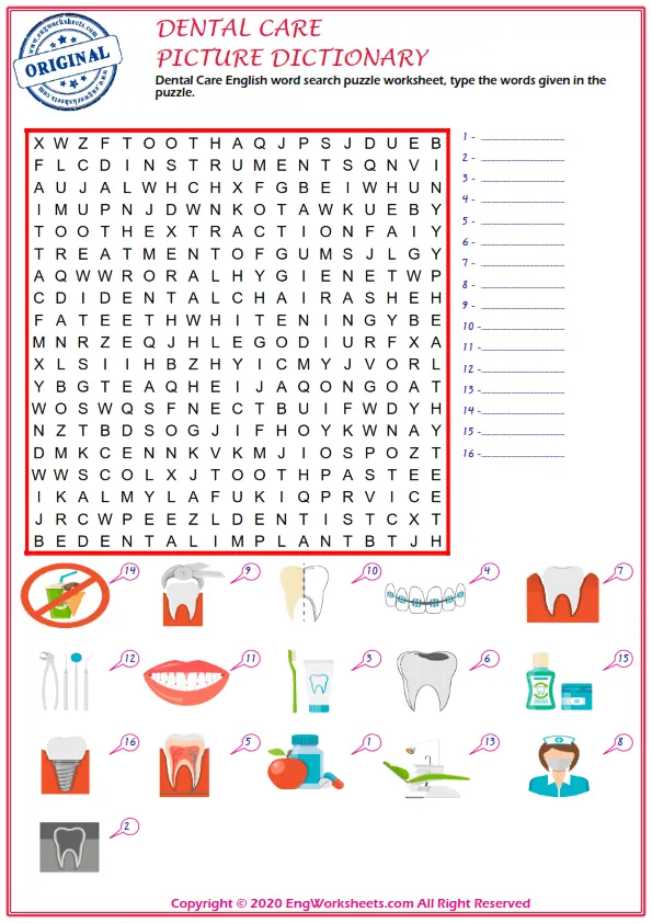 Dental Care ESL Printable Picture Dictionary For Kids. Write the Words in the Word Bank in the Correct Place in the Word List. Worksheet Preview