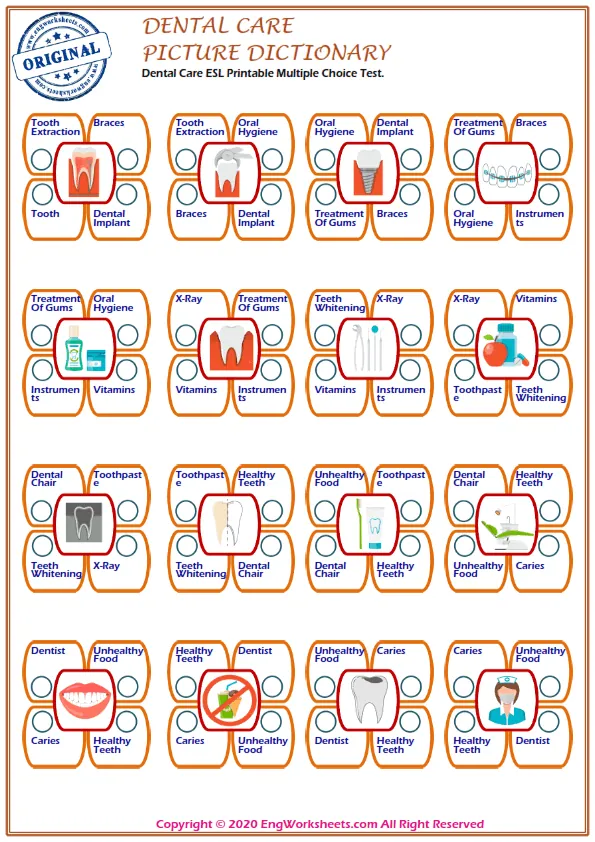 Dental Care ESL Printable Matching Exercise Worksheets For Kids Worksheet Preview