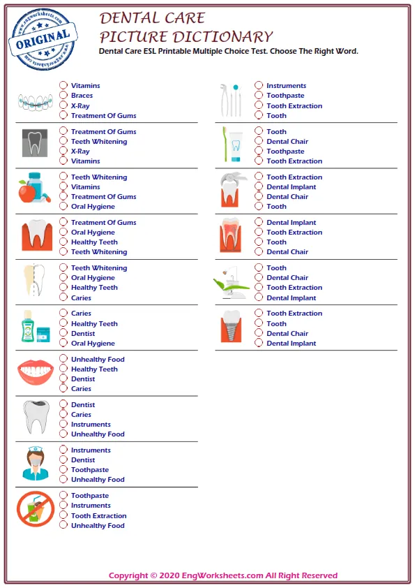 Dental Care vocabulary worksheet with words, six images per page Worksheet Preview