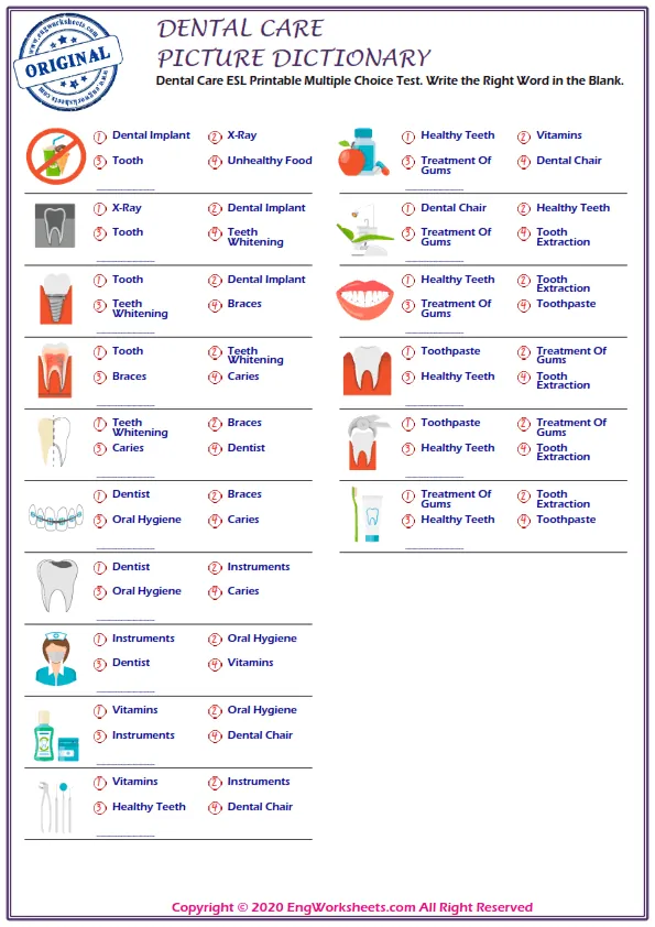 Dental Care vocabulary worksheet with words, nine images per page Worksheet Preview
