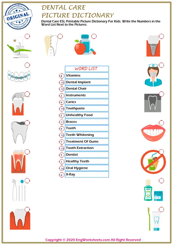 Full-page wordless Dental Care English vocabulary worksheet Worksheet Preview