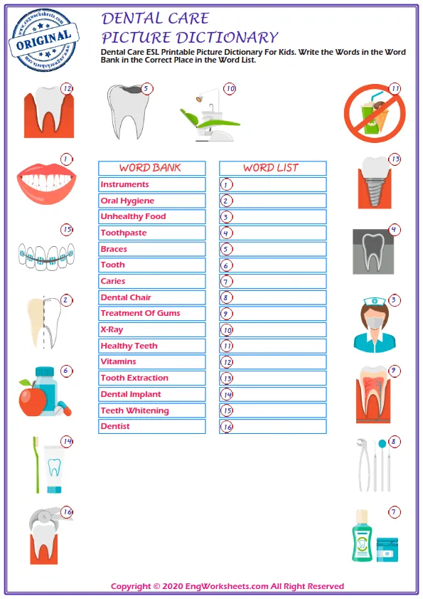 Dental Care English word search puzzle worksheet, type the words given in the puzzle. Worksheet Preview