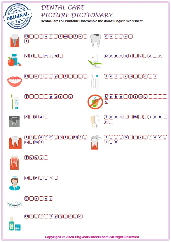 Dental Care vocabulary worksheet with words, two images per page Worksheet Preview