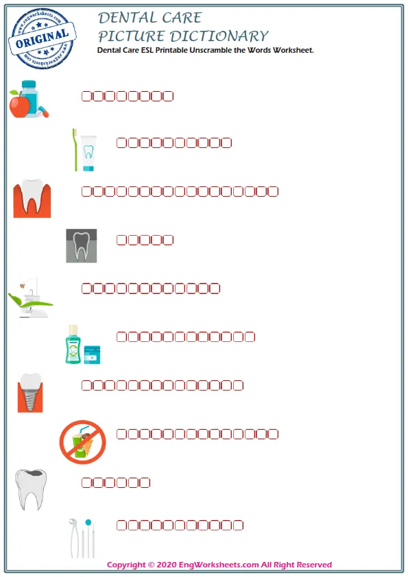 English And Your Native Language Dental Care ESL Printable Dictionary Worksheet For Kids Worksheet Preview