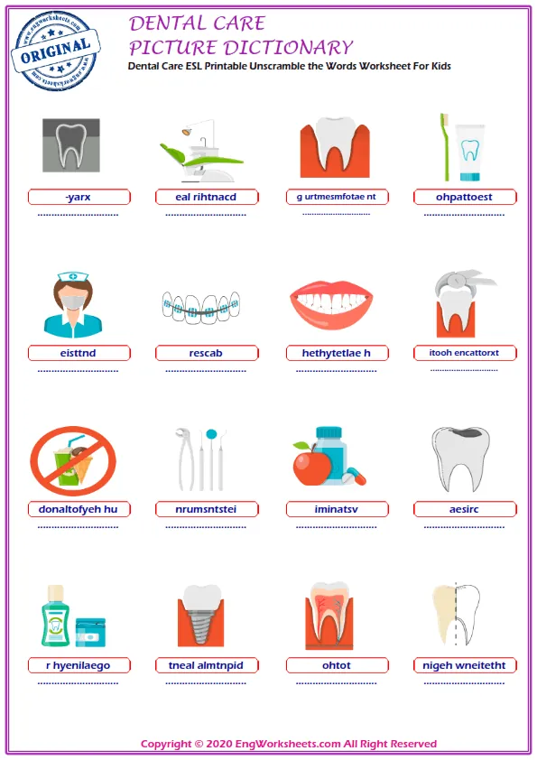 Dental Care ESL Vocabulary Matching Exercise Worksheet For Kids Worksheet Preview