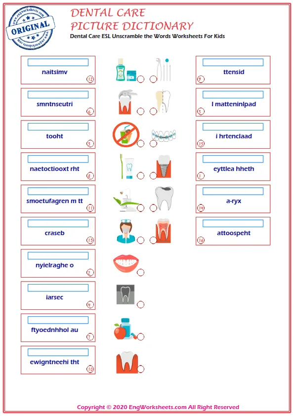 Dental Care vocabulary worksheet with words, nine images per page Worksheet Preview