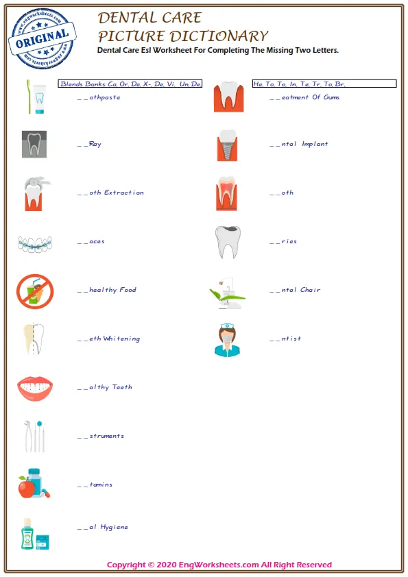 Wordless Dental Care vocabulary worksheet with six images per page Worksheet Preview