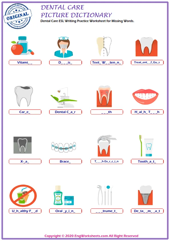 Dental Care ESL Writing Practice Worksheet for Missing Words. Worksheet Preview