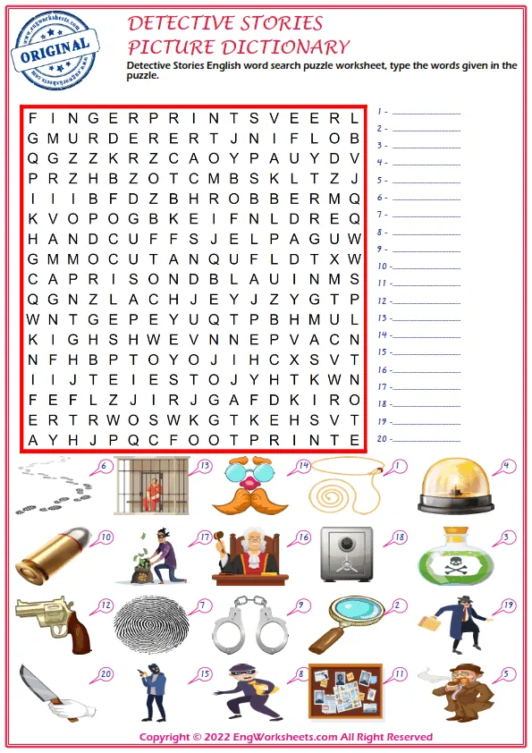 Detective Stories English word search puzzle worksheet, type the words given in the puzzle. Worksheet Preview