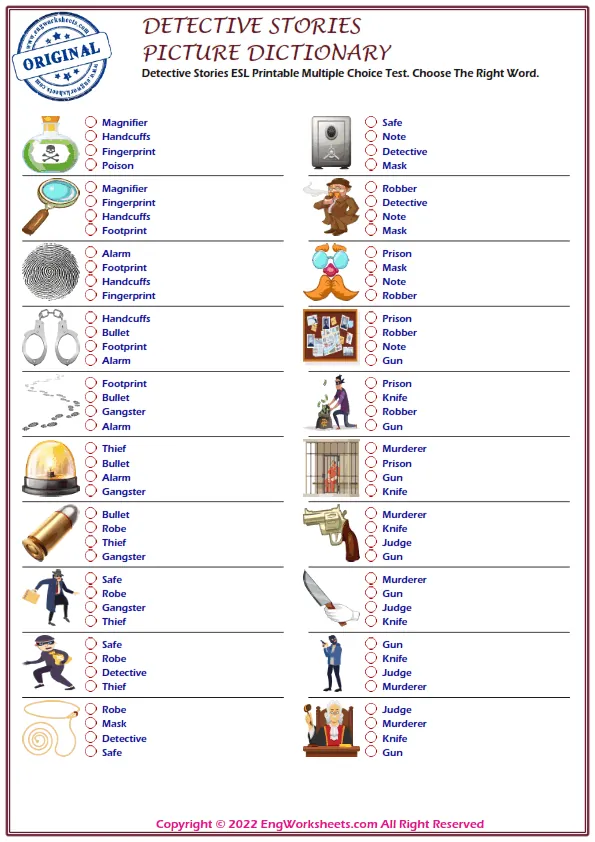 Detective Stories ESL Printable Multiple Choice Test. Choose The Right Word. Worksheet Preview
