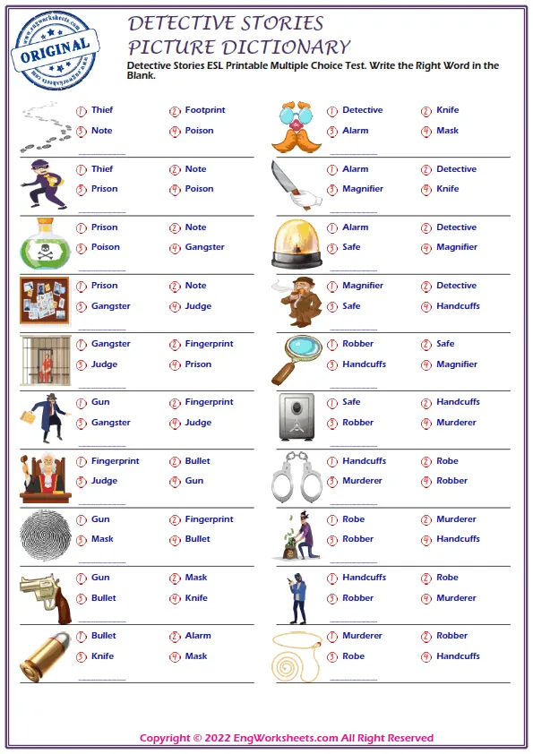 Detective Stories ESL Printable Multiple Choice Test. Write the Right Word in the Blank. Worksheet Preview