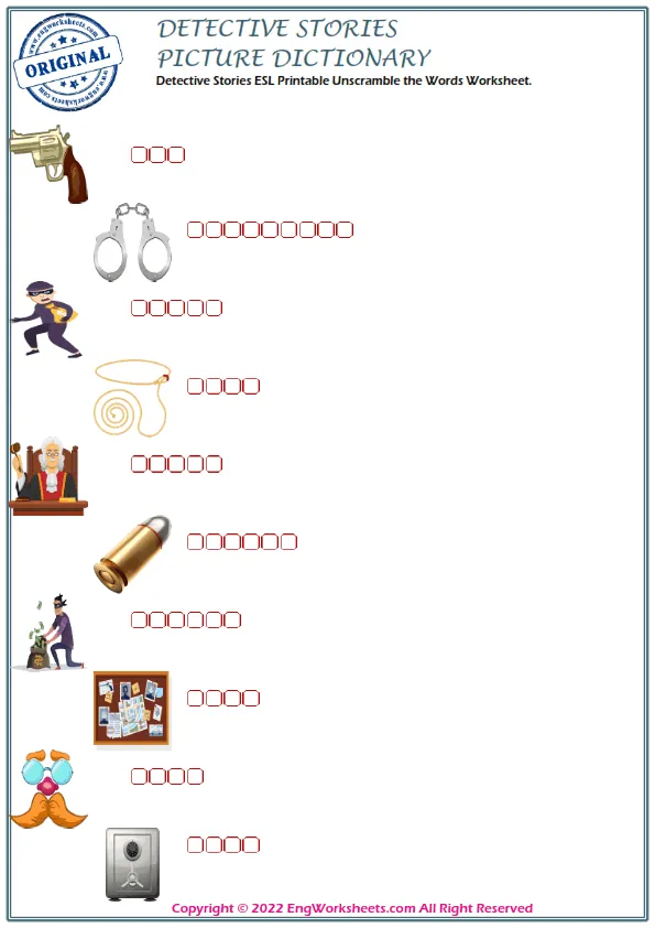 Detective Stories ESL Printable Unscramble the Words Worksheet. Worksheet Preview