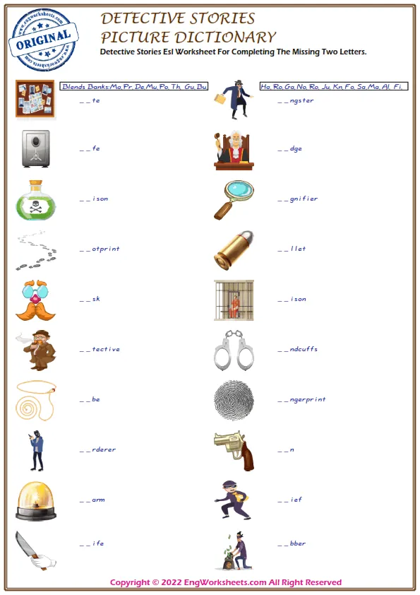 Detective Stories Esl Worksheet For Completing The Missing Two Letters. Worksheet Preview