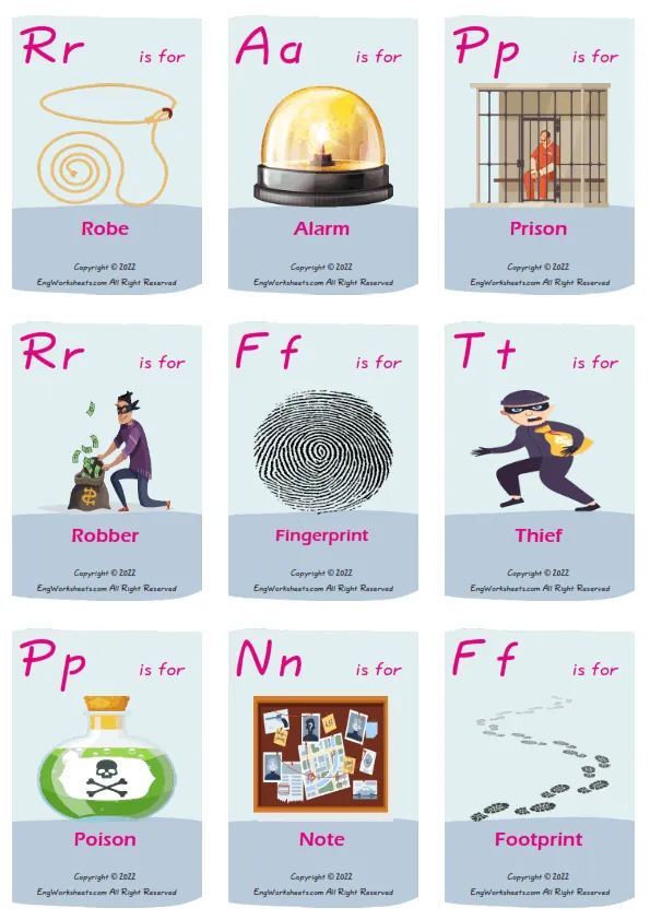 Detective Stories vocabulary worksheet with words, nine images per page Worksheet Preview