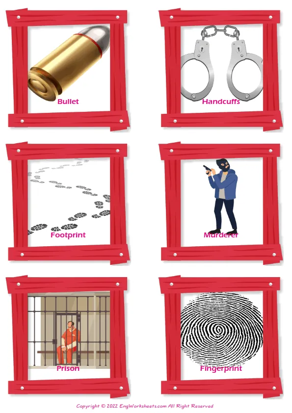 Detective Stories vocabulary worksheet with words, six images per page Worksheet Preview