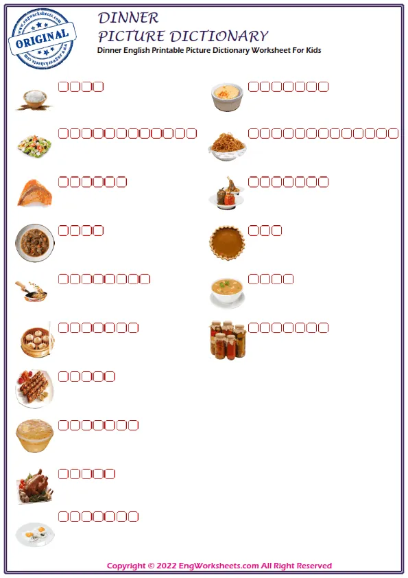 Dinner English Printable Picture Dictionary Worksheet For Kids Worksheet Preview