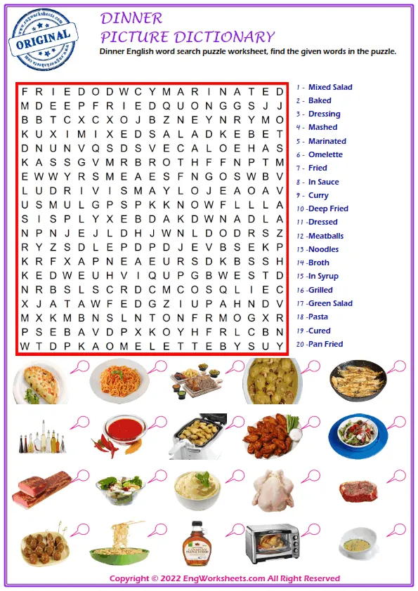 Dinner English word search puzzle worksheet, find the given words in the puzzle. Worksheet Preview