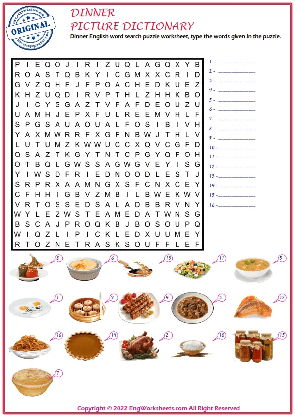 Dinner English word search puzzle worksheet, type the words given in the puzzle. Worksheet Preview
