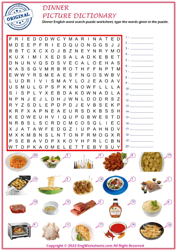 Dinner English word search puzzle worksheet, type the words given in the puzzle. Worksheet Preview