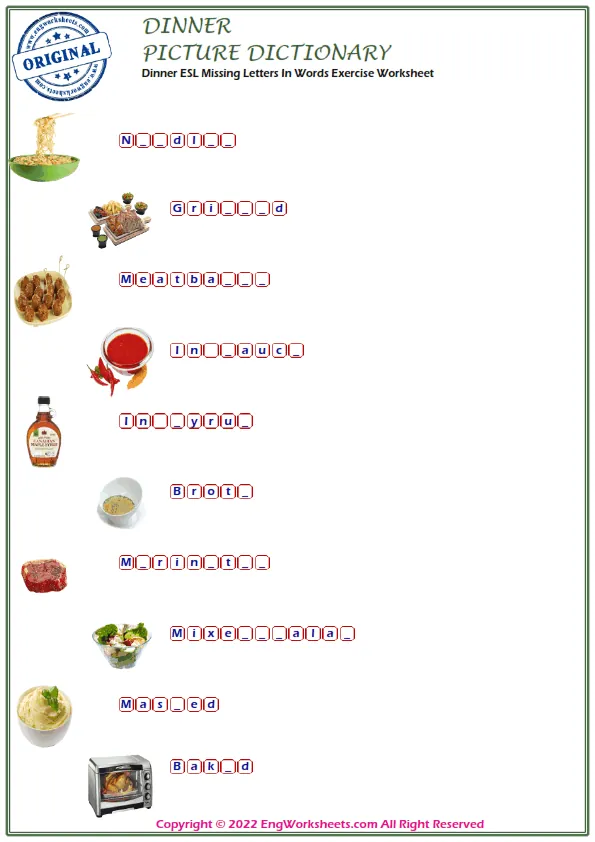Dinner ESL Missing Letters In Words Exercise Worksheet Worksheet Preview