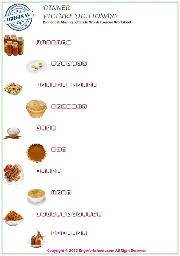 Dinner ESL Missing Letters In Words Exercise Worksheet Worksheet Preview
