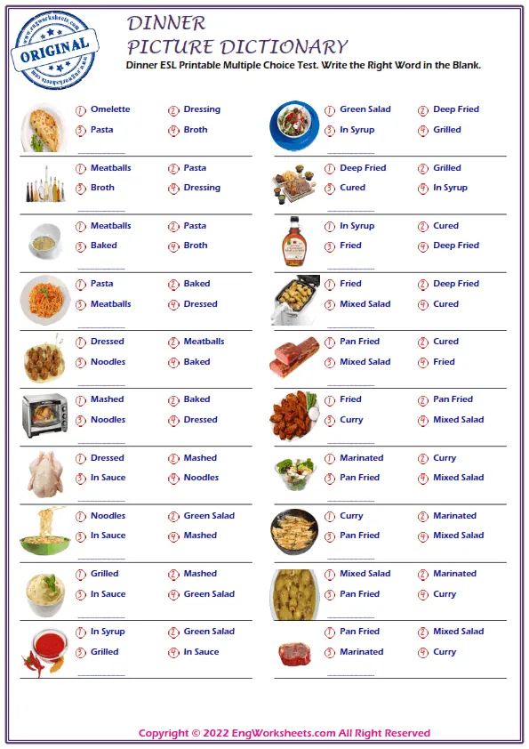 Dinner ESL Printable Multiple Choice Test. Write the Right Word in the Blank. Worksheet Preview