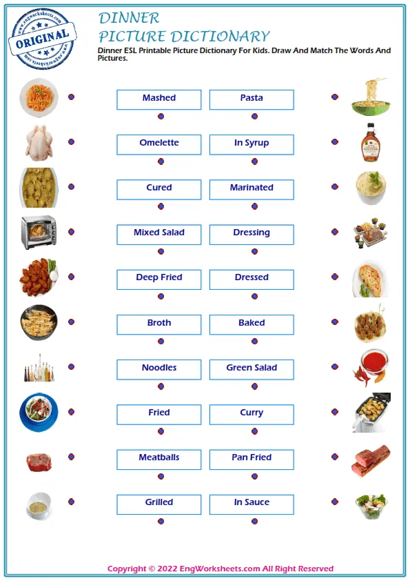 Dinner ESL Printable Picture Dictionary For Kids. Write the Numbers Next to the Words. Worksheet Preview