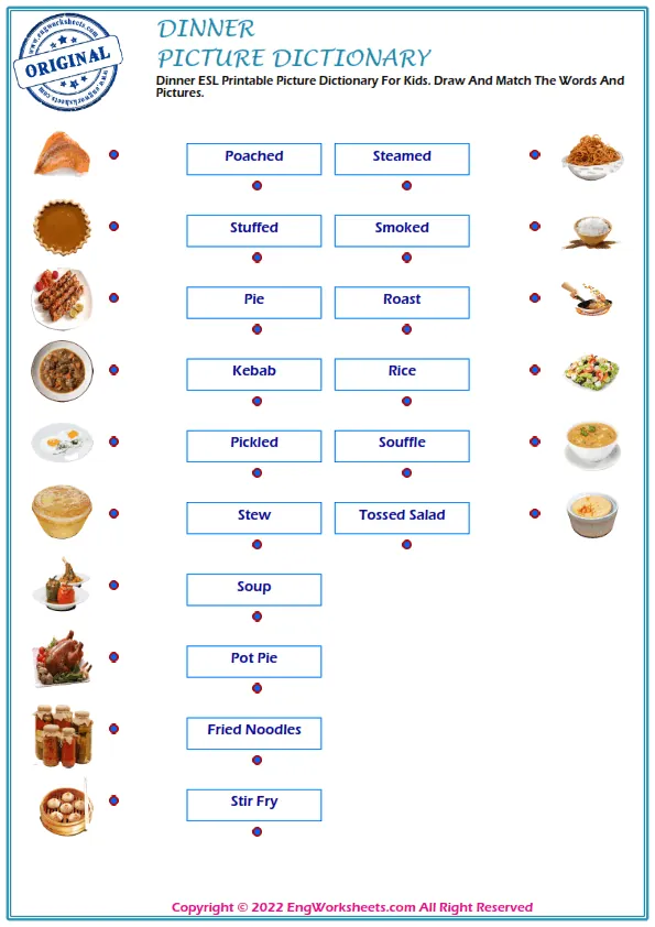 Dinner ESL Printable Picture Dictionary For Kids. Draw And Match The Words And Pictures. Worksheet Preview