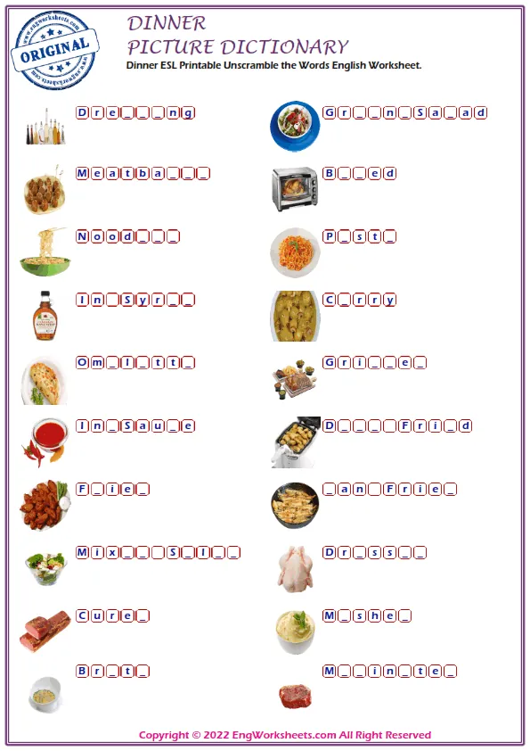 Dinner ESL Printable Unscramble the Words English Worksheet. Worksheet Preview