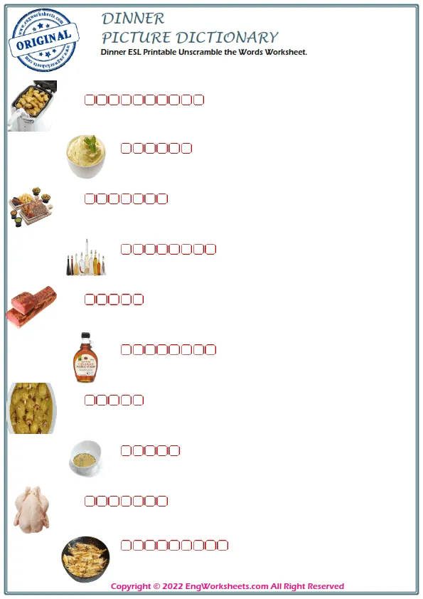 Dinner ESL Printable Unscramble the Words Worksheet. Worksheet Preview