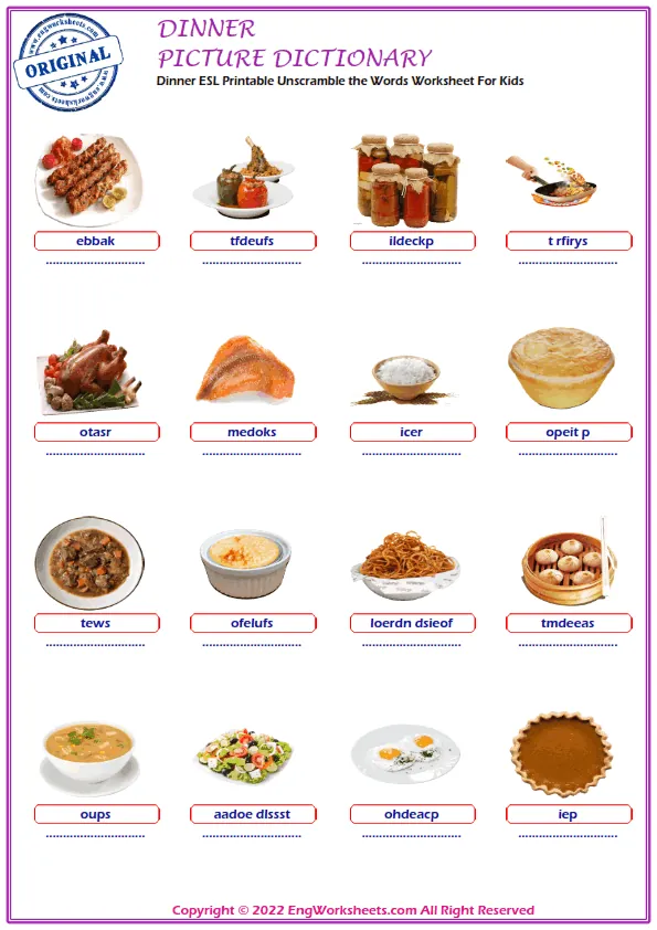 Dinner ESL Printable Unscramble the Words Worksheet For Kids Worksheet Preview