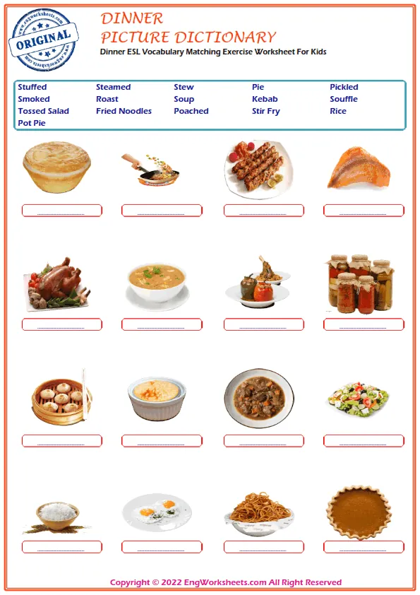 Dinner ESL Vocabulary Matching Exercise Worksheet For Kids Worksheet Preview
