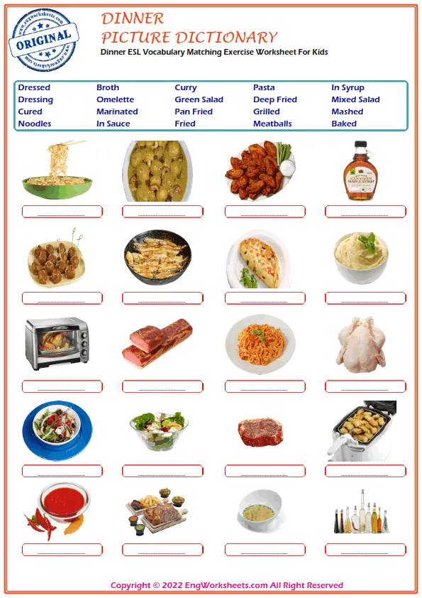 Dinner ESL Vocabulary Matching Exercise Worksheet For Kids Worksheet Preview