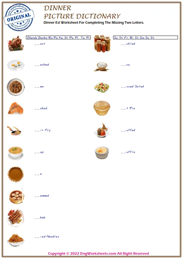 Dinner Esl Worksheet For Completing The Missing Two Letters. Worksheet Preview