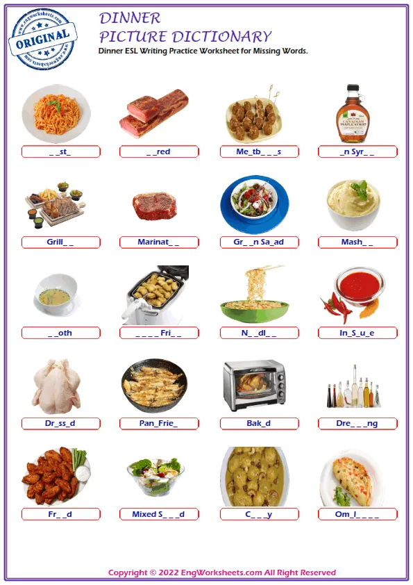 Dinner ESL Writing Practice Worksheet for Missing Words. Worksheet Preview