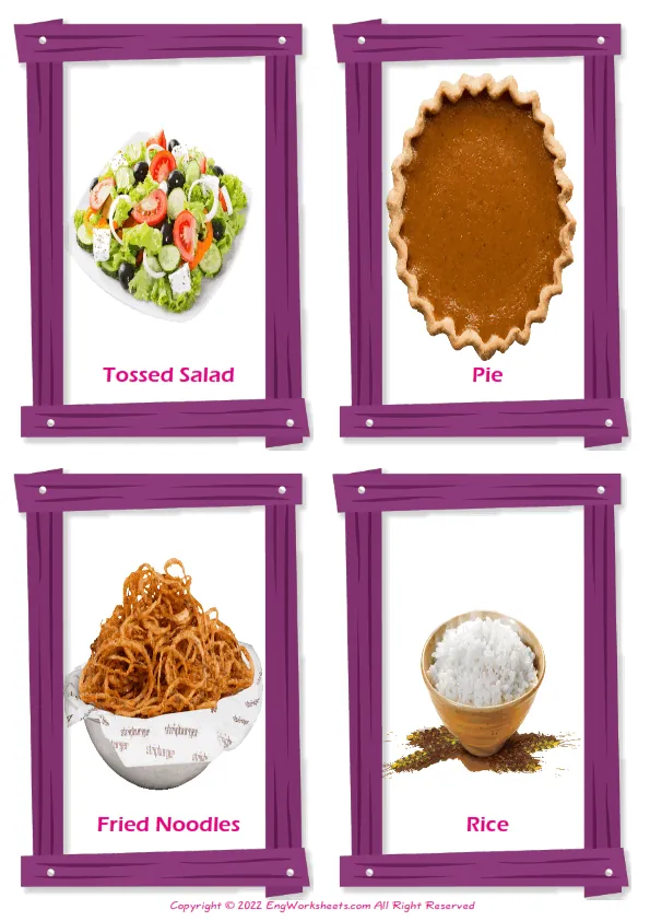 Dinner vocabulary worksheet with words, four images per page Worksheet Preview