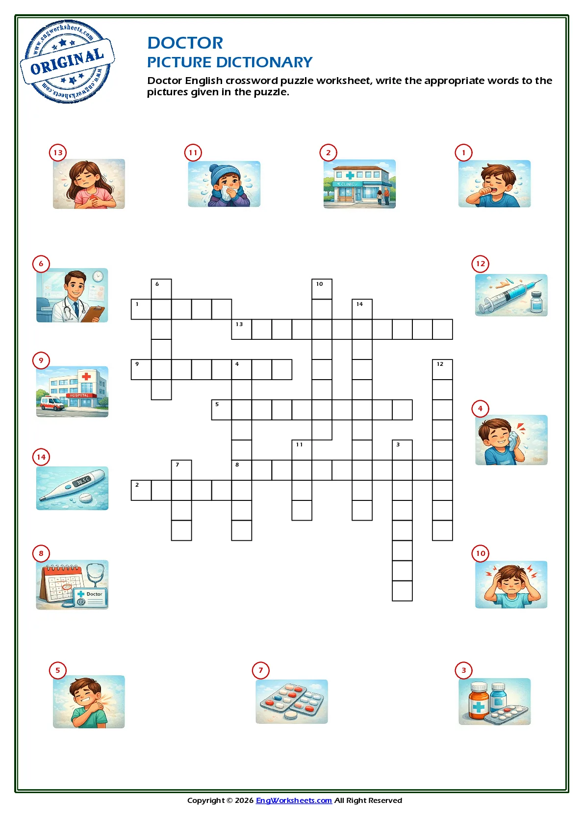 Doctor English crossword puzzle worksheet, write the appropriate words to the pictures given in the puzzle. Worksheet Preview